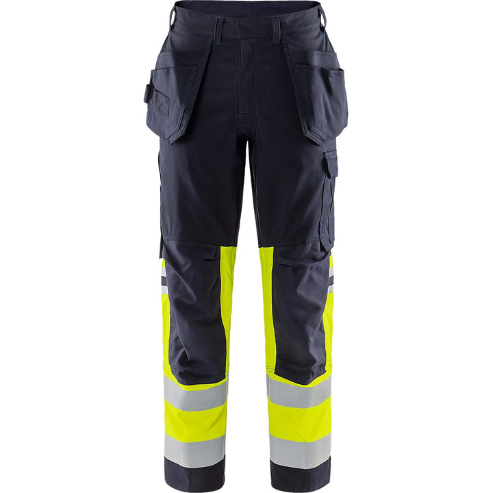Fristads Flamestat Hi-Vis Arc and Multi-Protective Flame Retardant Craftsman Stretch Trousers Class 1 - 2163 ATHF Hi-Vis Yellow/Navy Front1#colour_hi-vis-yellow-navy
