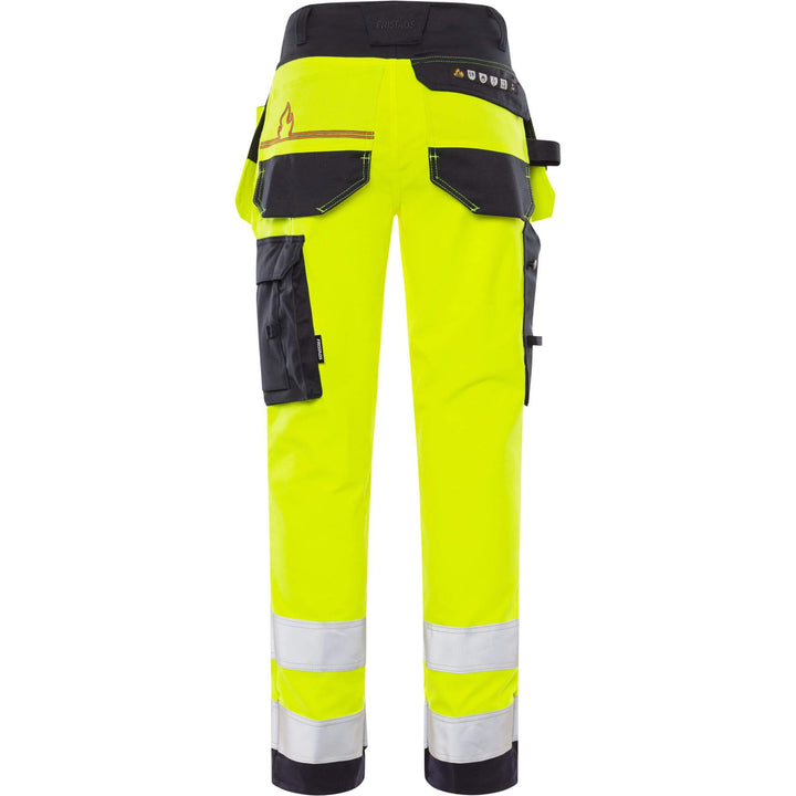 Fristads Flamestat Hi-Vis Arc and Multi-Protective Flame Retardant Craftsman Stretch Trousers Class 2 - 2167 ATHF Hi-Vis Yellow/Navy Back1#colour_hi-vis-yellow-navy