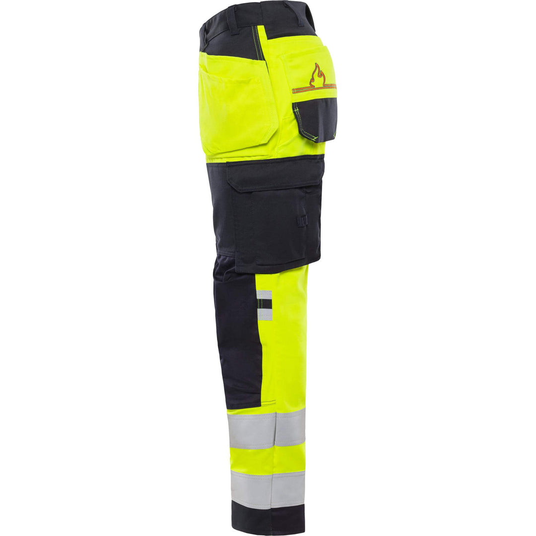 Fristads Flamestat Hi-Vis Arc and Multi-Protective Flame Retardant Craftsman Stretch Trousers Class 2 - 2167 ATHF Hi-Vis Yellow/Navy Back2#colour_hi-vis-yellow-navy