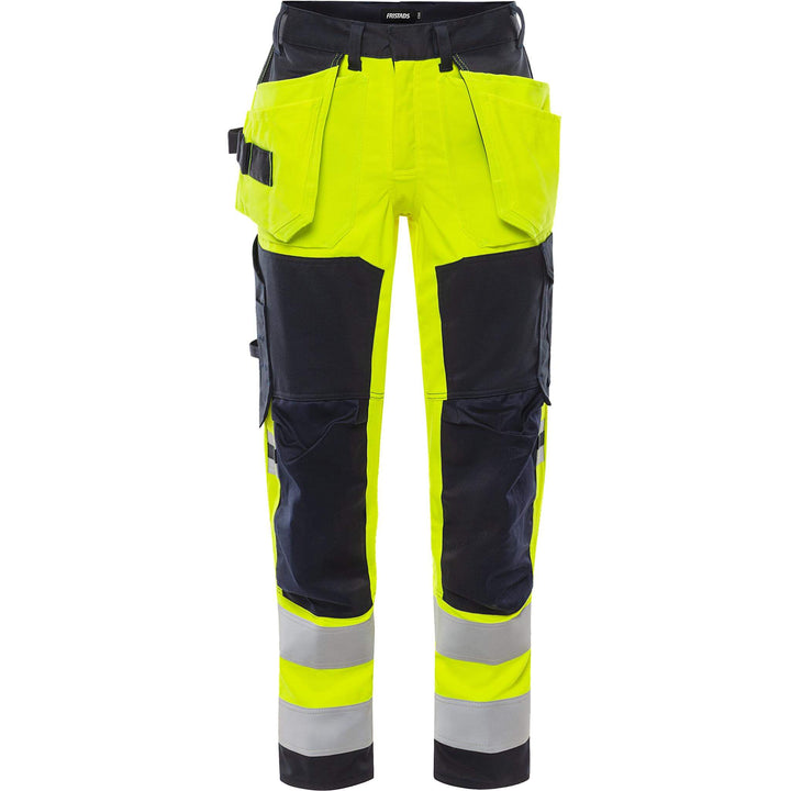 Fristads Flamestat Hi-Vis Arc and Multi-Protective Flame Retardant Craftsman Stretch Trousers Class 2 - 2167 ATHF Hi-Vis Yellow/Navy Front1#colour_hi-vis-yellow-navy