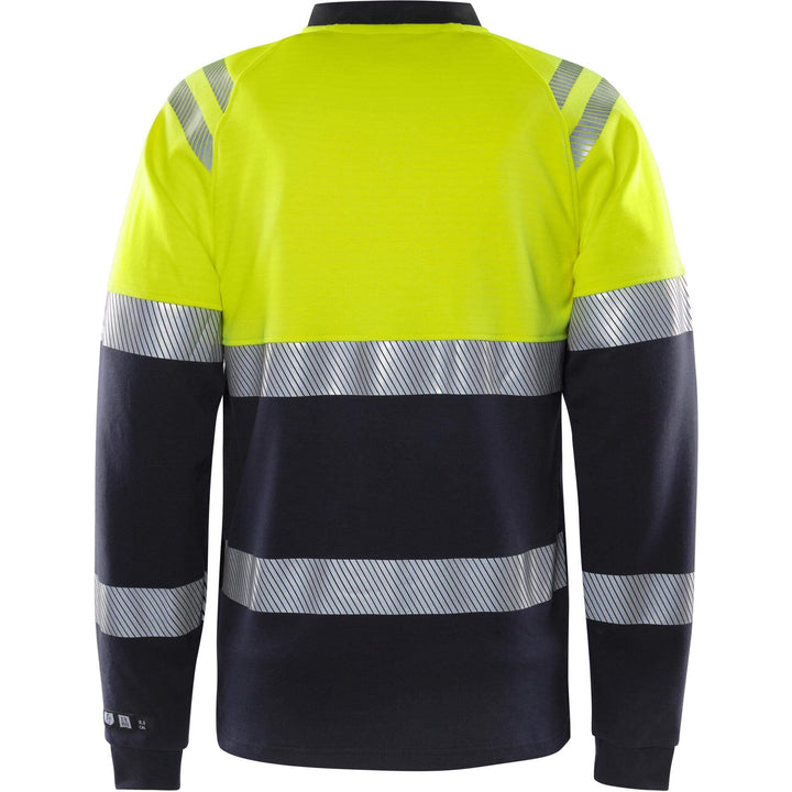 Fristads Flamestat Hi-Vis Arc and Multi-Protective Flame Retardant Long Sleeve T-Shirt Class 1 - 7107 TFL Hi-Vis Yellow/Navy Back1#colour_hi-vis-yellow-navy