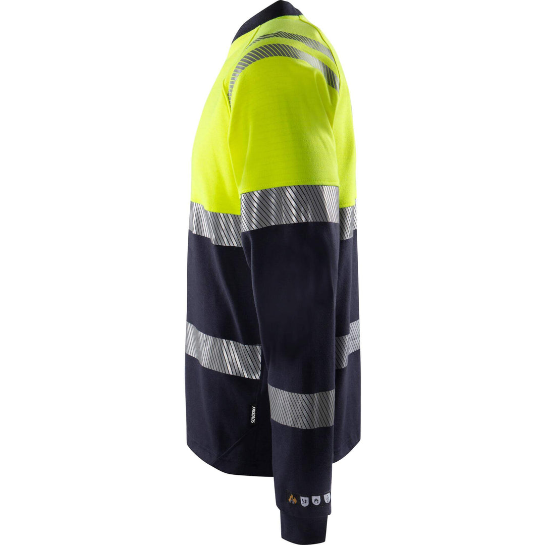 Fristads Flamestat Hi-Vis Arc and Multi-Protective Flame Retardant Long Sleeve T-Shirt Class 1 - 7107 TFL Hi-Vis Yellow/Navy Detail1#colour_hi-vis-yellow-navy