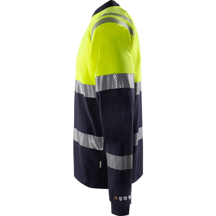 Fristads Flamestat Hi-Vis Arc and Multi-Protective Flame Retardant Long Sleeve T-Shirt Class 1 - 7107 TFL Hi-Vis Yellow/Navy Detail1#colour_hi-vis-yellow-navy