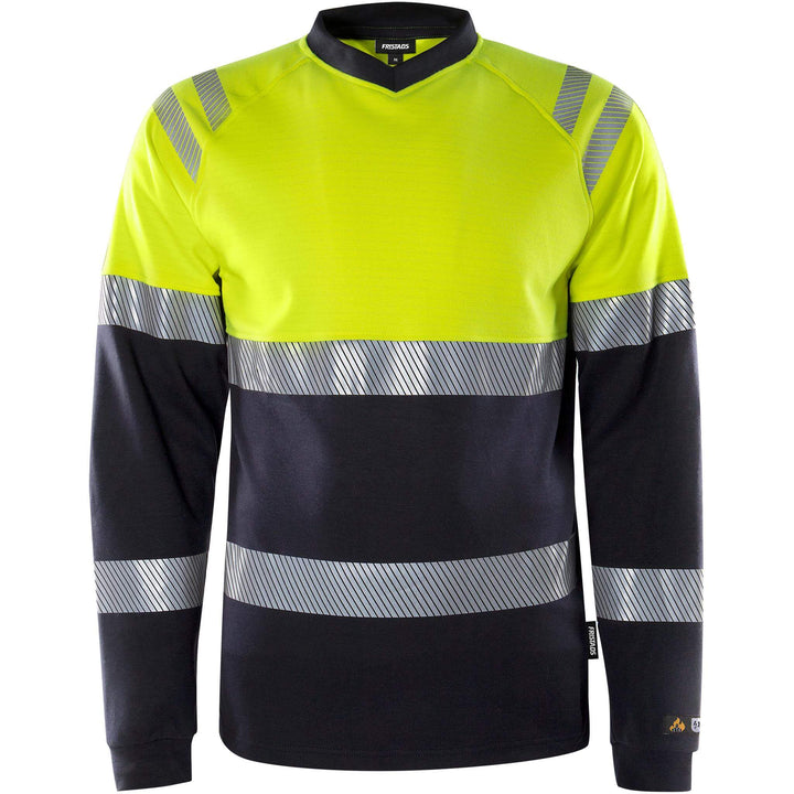 Fristads Flamestat Hi-Vis Arc and Multi-Protective Flame Retardant Long Sleeve T-Shirt Class 1 - 7107 TFL Hi-Vis Yellow/Navy Front1#colour_hi-vis-yellow-navy
