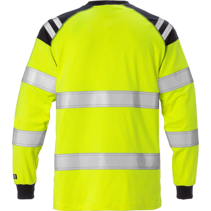 Fristads Flamestat Hi-Vis Arc and Multi-Protective Flame Retardant Long Sleeve T-Shirt Class 3 - 7077 TFLH Hi-Vis Yellow/Navy Back1#colour_hi-vis-yellow-navy