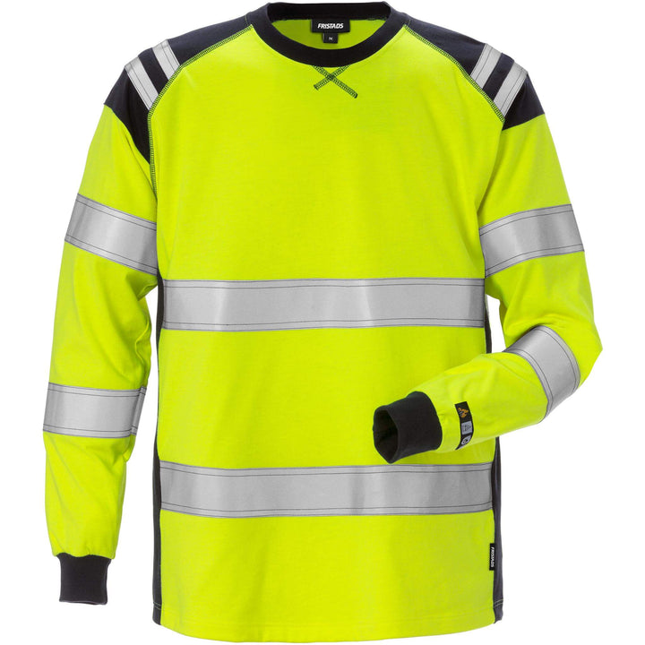 Fristads Flamestat Hi-Vis Arc and Multi-Protective Flame Retardant Long Sleeve T-Shirt Class 3 - 7077 TFLH Hi-Vis Yellow/Navy Front1#colour_hi-vis-yellow-navy