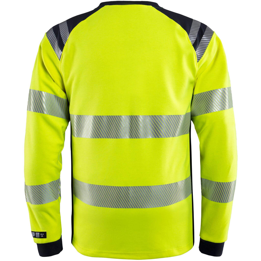 Fristads Flamestat Hi-Vis Arc and Multi-Protective Flame Retardant Long Sleeve T-Shirt Class 3 - 7359 TFL Hi-Vis Yellow/Navy Back1#colour_hi-vis-yellow-navy