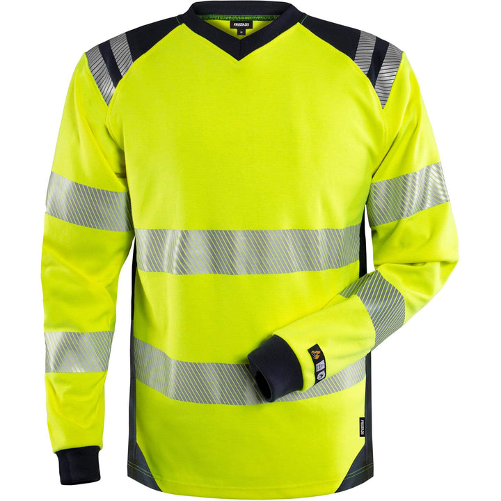 Fristads Flamestat Hi-Vis Arc and Multi-Protective Flame Retardant Long Sleeve T-Shirt Class 3 - 7359 TFL Hi-Vis Yellow/Navy Front1#colour_hi-vis-yellow-navy