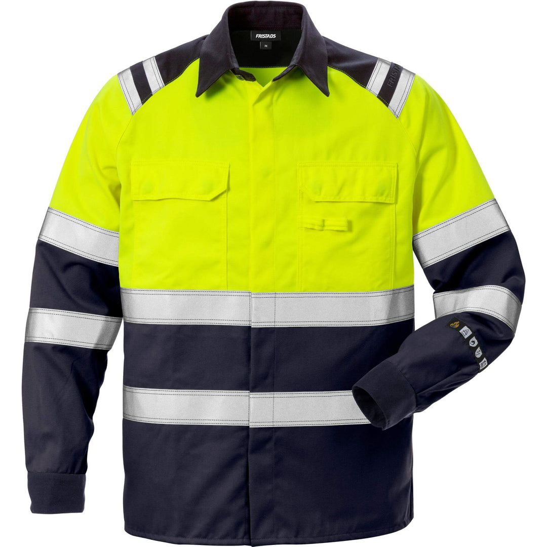 Fristads Flamestat Hi-Vis Arc and Multi-Protective Flame Retardant Shirt Class 1 - 7051 ATS Hi-Vis Yellow/Navy Front1#colour_hi-vis-yellow-navy