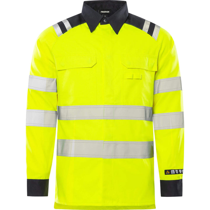Fristads Flamestat Hi-Vis Arc and Multi-Protective Flame Retardant Shirt Class 3 - 7050 ATS Hi-Vis Yellow/Navy Front1#colour_hi-vis-yellow-navy