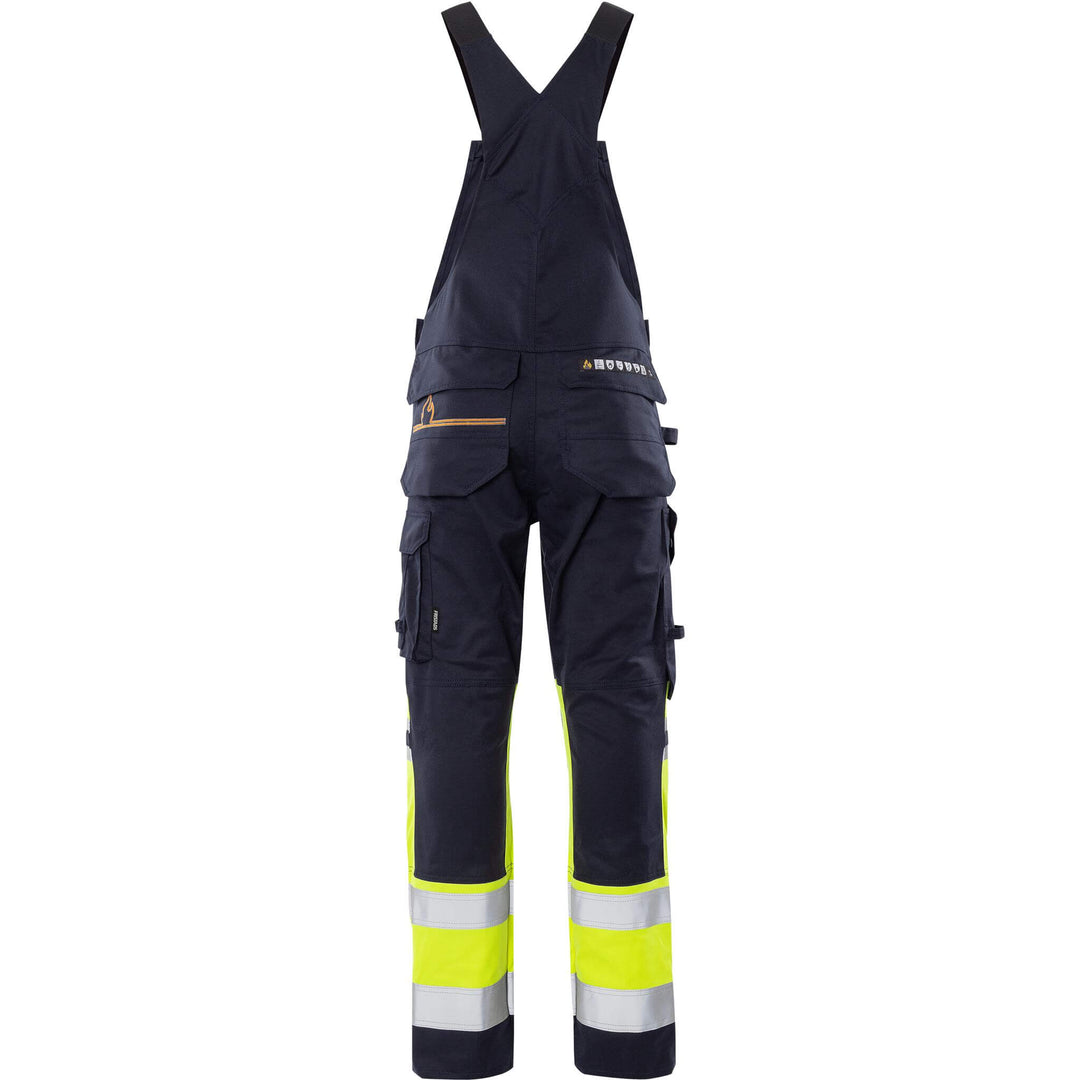 Fristads Flamestat Hi-Vis Arc and Multi-Protective Flame Retardant Stretch Bib and Brace Class 1 - 2168 ATHF Hi-Vis Yellow/Navy Back1#colour_hi-vis-yellow-navy