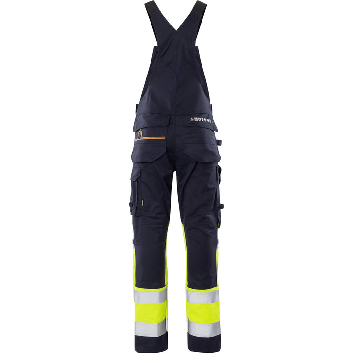 Fristads Flamestat Hi-Vis Arc and Multi-Protective Flame Retardant Stretch Bib and Brace Class 1 - 2168 ATHF Hi-Vis Yellow/Navy Back1#colour_hi-vis-yellow-navy