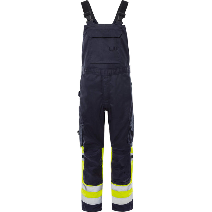 Fristads Flamestat Hi-Vis Arc and Multi-Protective Flame Retardant Stretch Bib and Brace Class 1 - 2168 ATHF Hi-Vis Yellow/Navy Front1#colour_hi-vis-yellow-navy