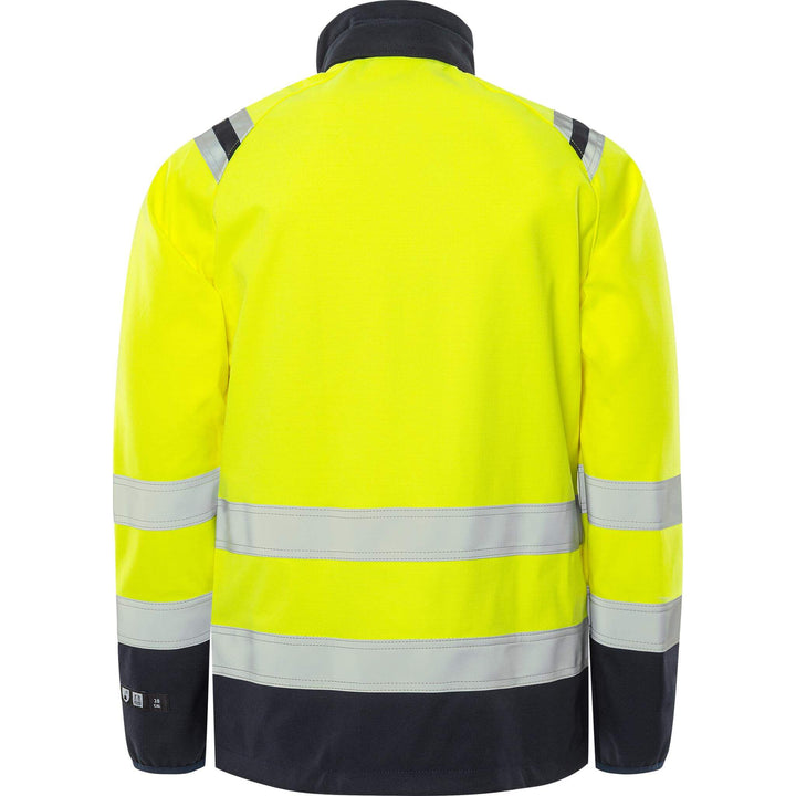 Fristads Flamestat Hi-Vis Arc and Multi-Protective Flame Retardant Stretch Softshell Jacket Class 3 - 4016 FSS Hi-Vis Yellow/Navy Back1#colour_hi-vis-yellow-navy