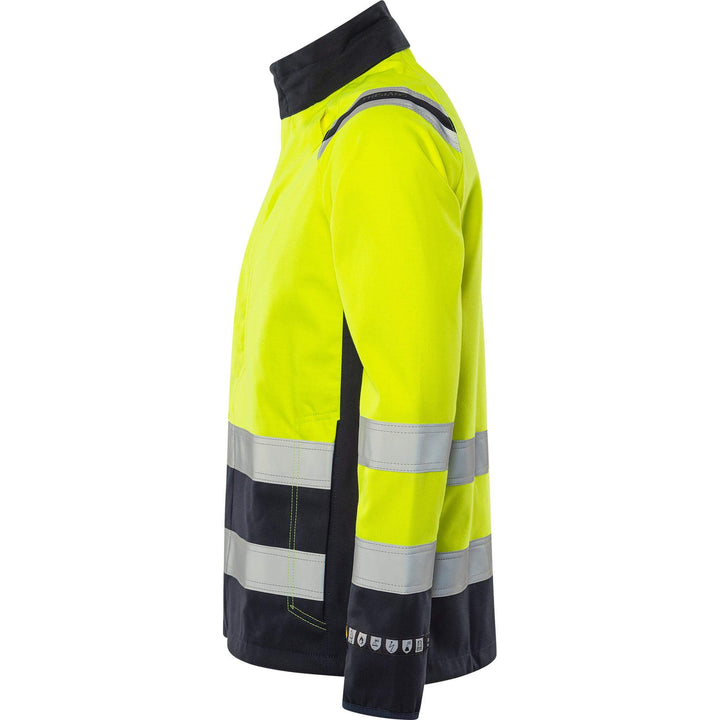 Fristads Flamestat Hi-Vis Arc and Multi-Protective Flame Retardant Stretch Softshell Jacket Class 3 - 4016 FSS Hi-Vis Yellow/Navy Back2#colour_hi-vis-yellow-navy