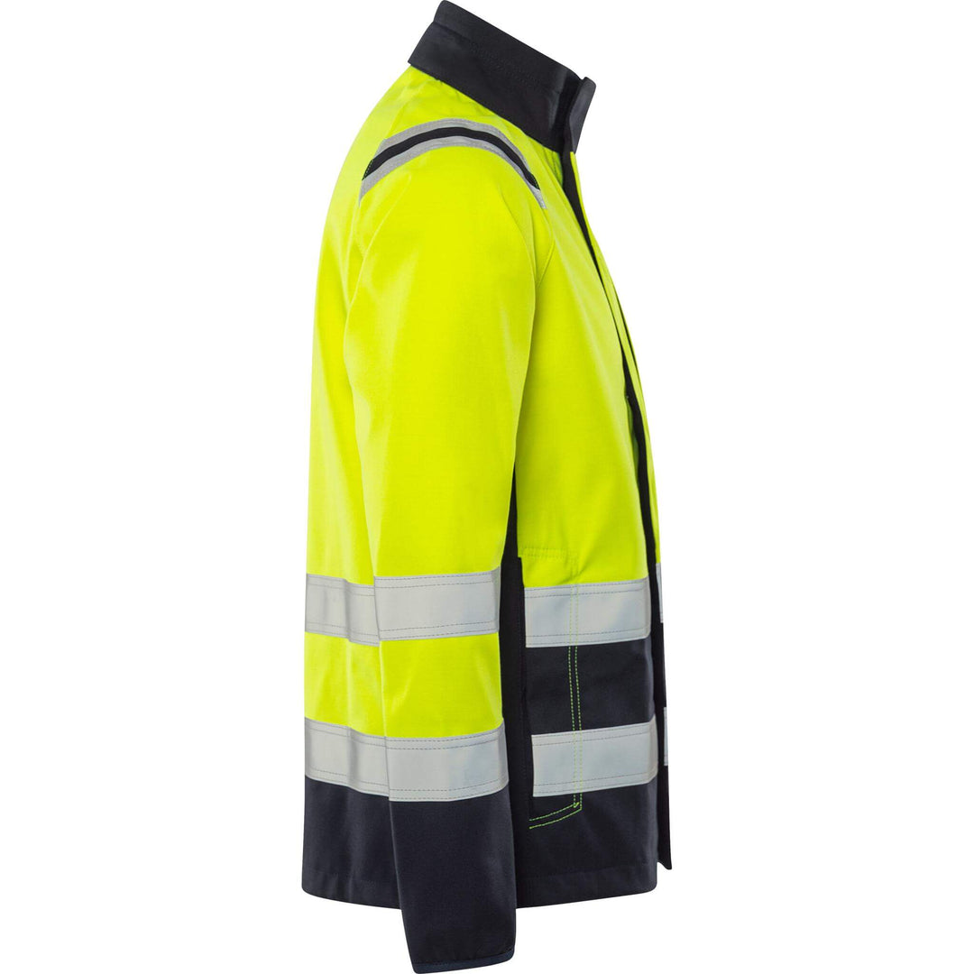 Fristads Flamestat Hi-Vis Arc and Multi-Protective Flame Retardant Stretch Softshell Jacket Class 3 - 4016 FSS Hi-Vis Yellow/Navy Back3#colour_hi-vis-yellow-navy