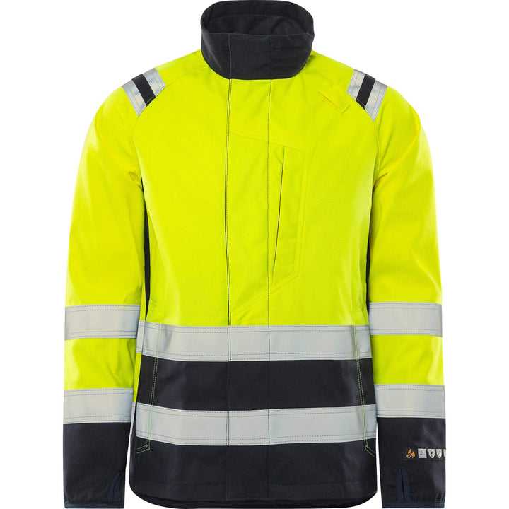 Fristads Flamestat Hi-Vis Arc and Multi-Protective Flame Retardant Stretch Softshell Jacket Class 3 - 4016 FSS Hi-Vis Yellow/Navy Front1#colour_hi-vis-yellow-navy