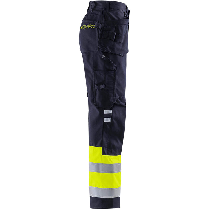 Fristads Flamestat Hi-Vis Flame Retardant Arc and Multi-Protective Craftsman Trousers Class 1 - 2074 ATHS Hi-Vis Yellow/Navy Back3#colour_hi-vis-yellow-navy