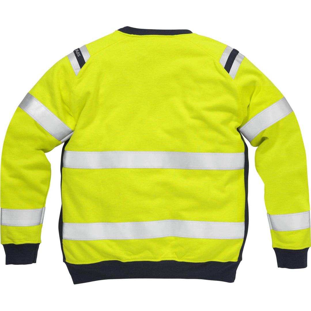 Fristads Flamestat Hi-Vis Flame Retardant Arc and Multi-Protective Sweatshirt Class 3 - 7076 SFLH Hi-Vis Yellow/Navy Back1#colour_hi-vis-yellow-navy