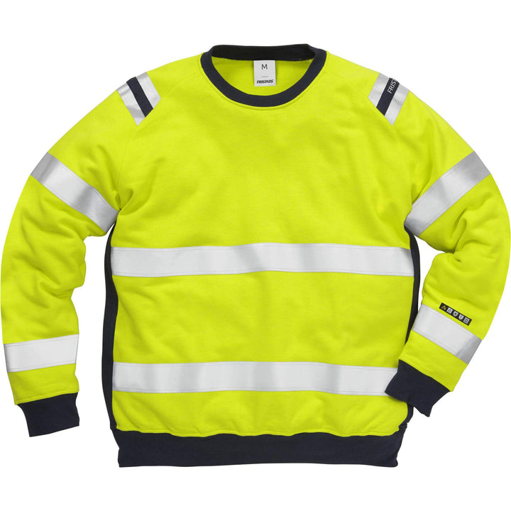 Fristads Flamestat Hi-Vis Flame Retardant Arc and Multi-Protective Sweatshirt Class 3 - 7076 SFLH Hi-Vis Yellow/Navy Front1#colour_hi-vis-yellow-navy