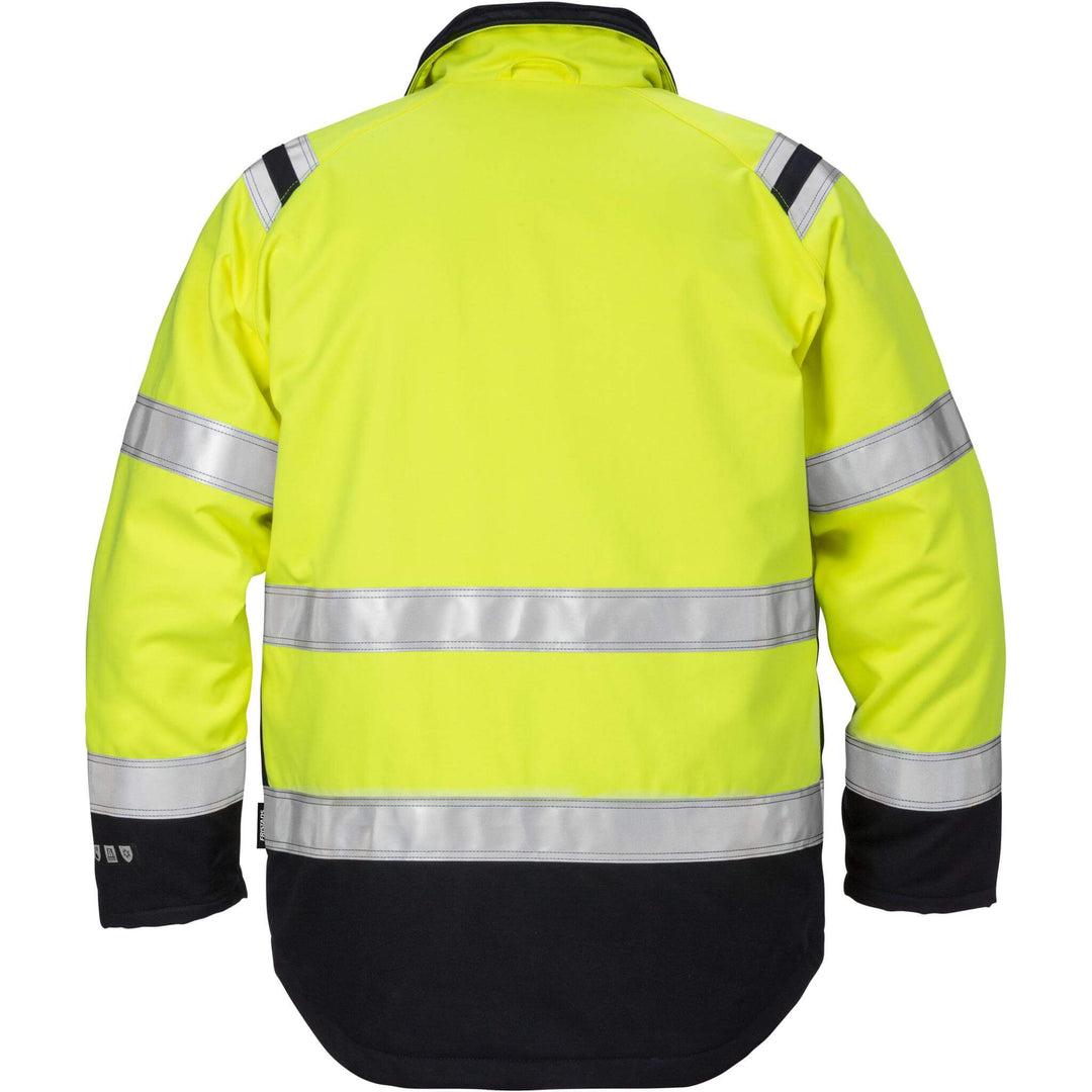 Fristads Flamestat Hi-Vis Flame retardant Arc and Multi-Protective Insulated Winter Jacket Class 3 - 4185 ATHS Hi-Vis Yellow/Navy Back1#colour_hi-vis-yellow-navy