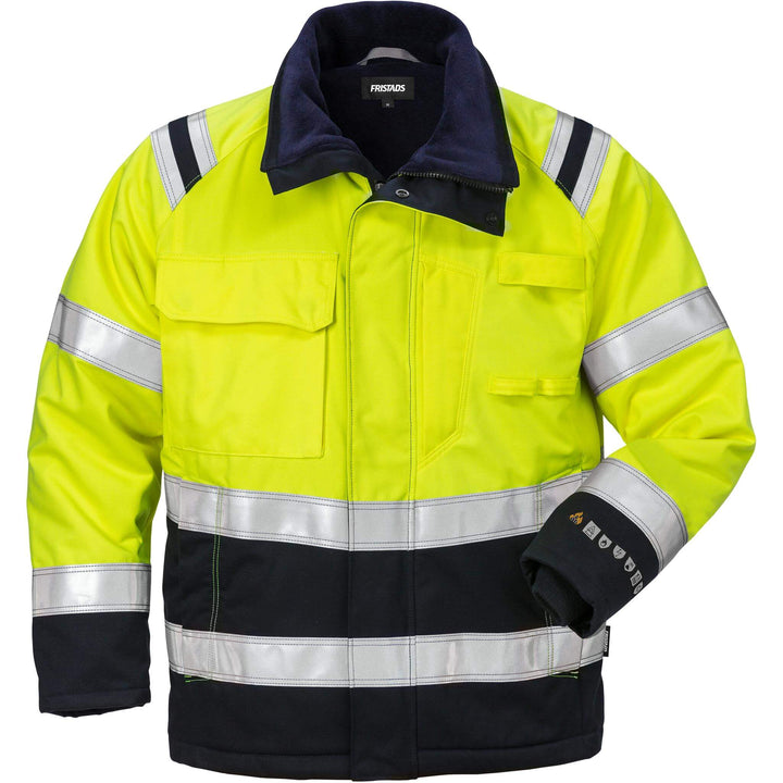 Fristads Flamestat Hi-Vis Flame retardant Arc and Multi-Protective Insulated Winter Jacket Class 3 - 4185 ATHS Hi-Vis Yellow/Navy Front1#colour_hi-vis-yellow-navy