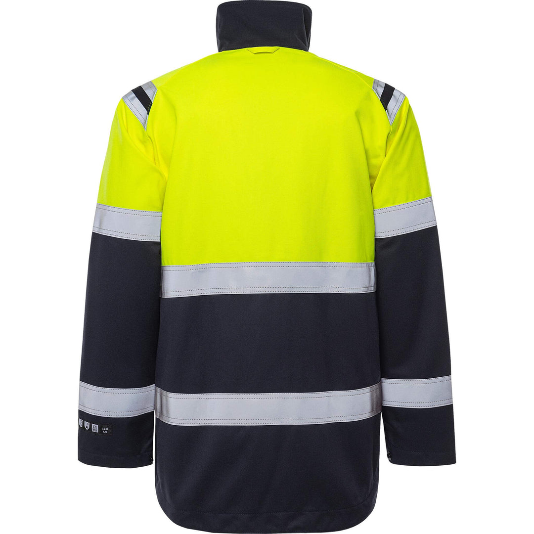 Fristads Flamestat Hi-Vis Flame retardant Arc and Multi-Protective Jacket Class 2 - 4176 ATHS Hi-Vis Yellow/Navy Back1#colour_hi-vis-yellow-navy