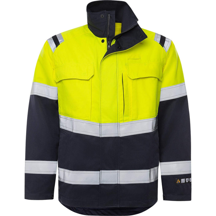 Fristads Flamestat Hi-Vis Flame retardant Arc and Multi-Protective Jacket Class 2 - 4176 ATHS Hi-Vis Yellow/Navy Front1#colour_hi-vis-yellow-navy