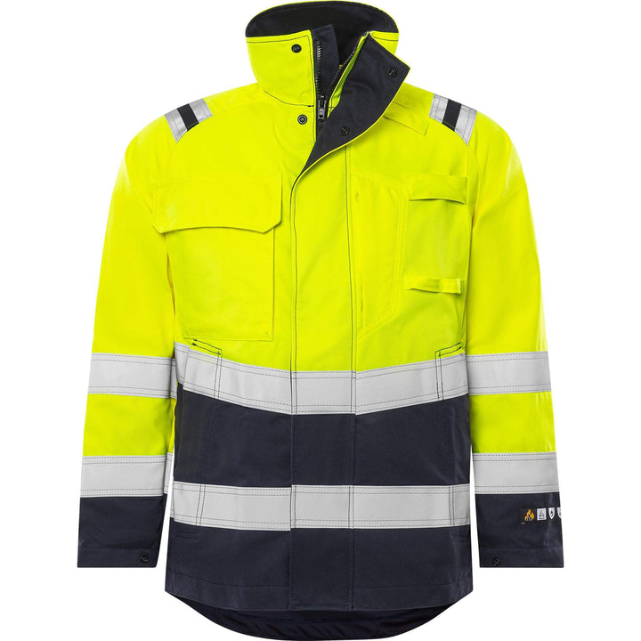 Fristads Flamestat Hi-Vis Flame retardant Arc and Multi-Protective Jacket Class 3 - 4175 ATHS Hi-Vis Yellow/Navy Front1#colour_hi-vis-yellow-navy