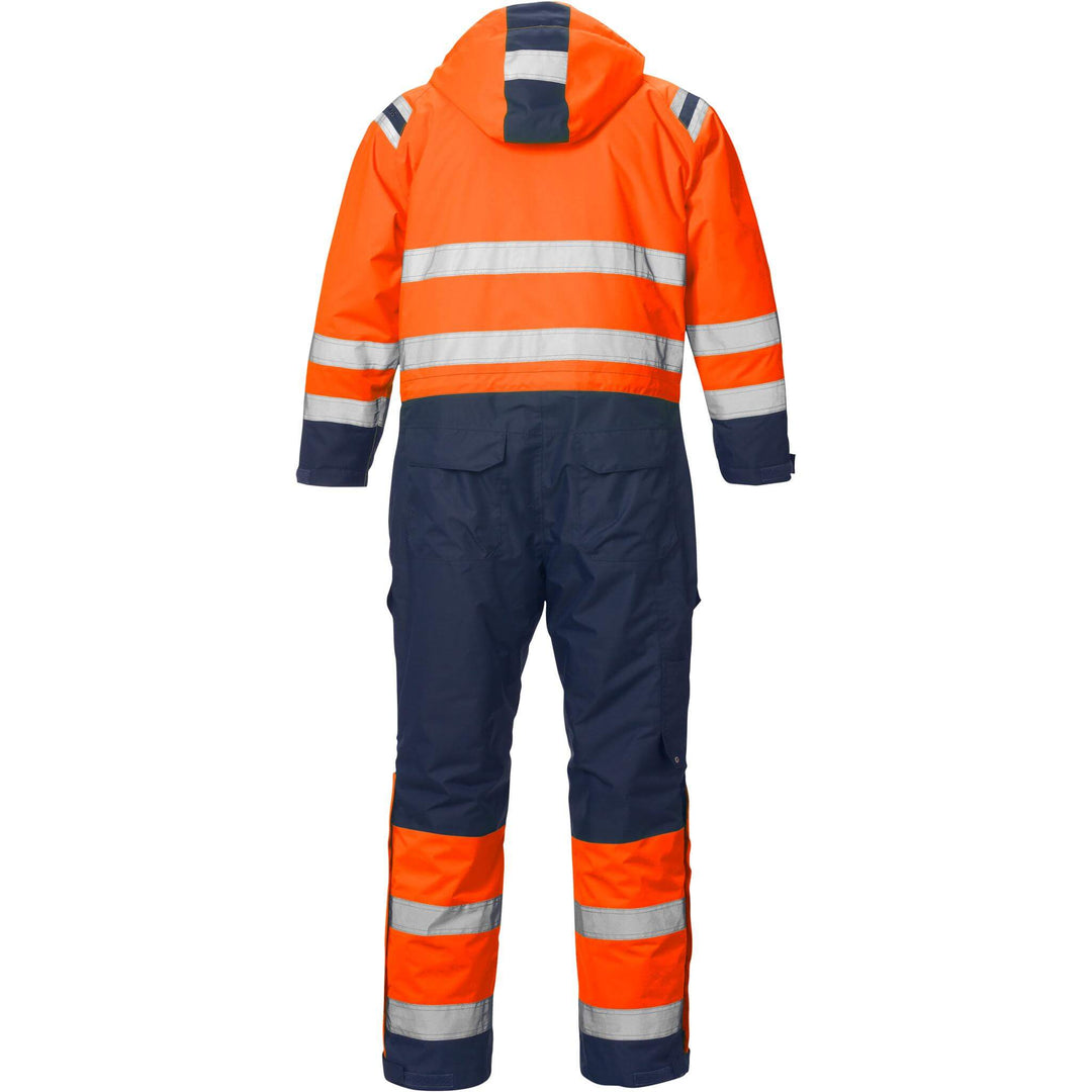 Fristads Hi-Vis Airtech Waterproof Breathable Insulated Winter Coverall Class 3 - 8015 GTT Hi-Vis Orange/Navy Back1#colour_hi-vis-orange-navy