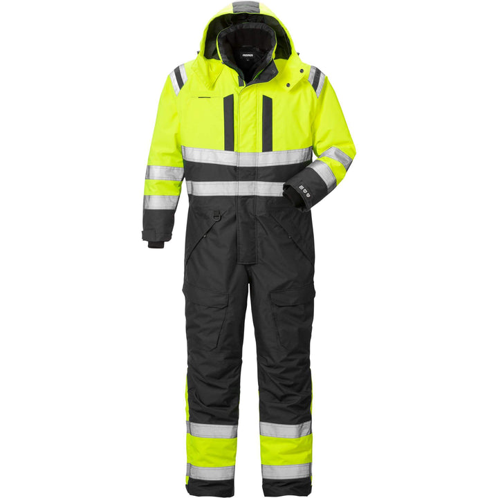 Fristads Hi-Vis Airtech Waterproof Breathable Insulated Winter Coverall Class 3 - 8015 GTT Hi-Vis Yellow/Black Front1#colour_hi-vis-yellow-black