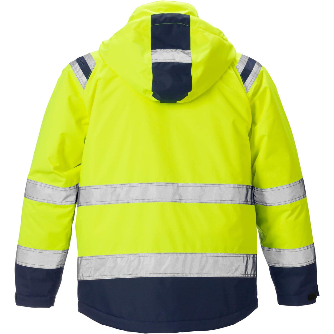 Fristads Hi-Vis Airtech Waterproof Breathable Insulated Winter Jacket Class 3 - 4035 GTT Hi-Vis Yellow/Navy Back1#colour_hi-vis-yellow-navy