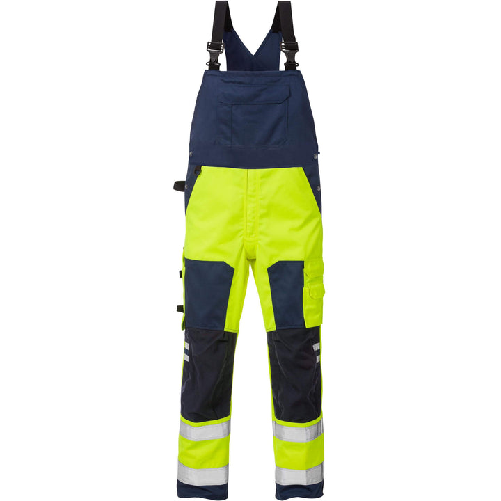 Fristads Hi-Vis Bib and Brace Class 2 - 1015 PLU Hi-Vis Yellow/Navy Front1#colour_hi-vis-yellow-navy