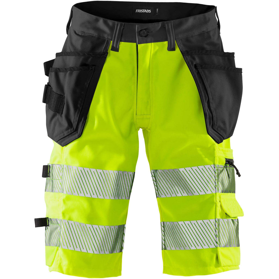 Fristads Hi-Vis Craftsman 4-Way-Stretch Panel Holster Pocket Shorts Class 1 - 2509 PLU Hi-Vis Yellow/Black Front1#colour_hi-vis-yellow-black