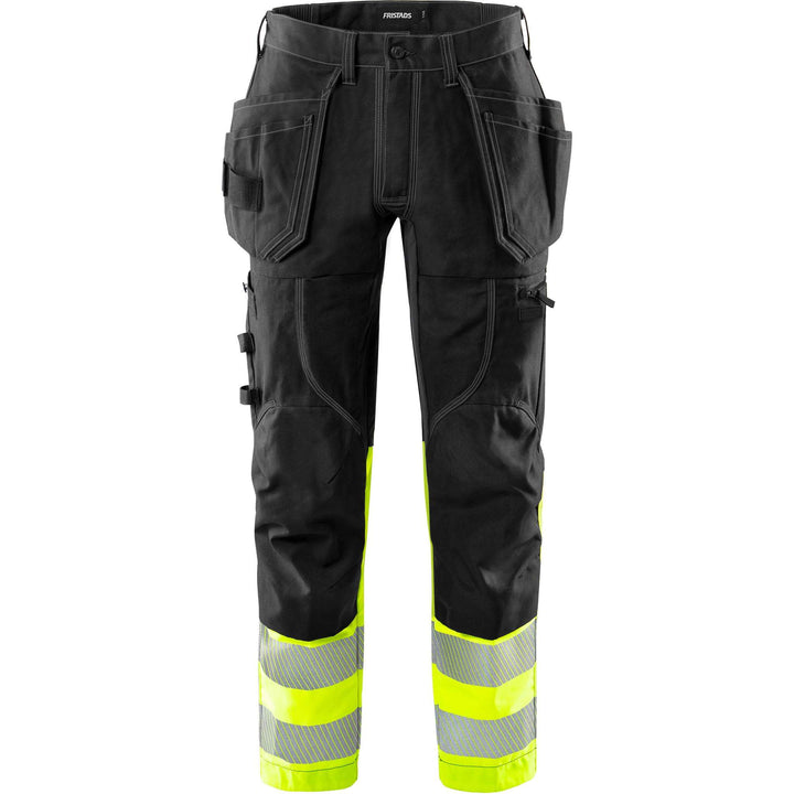 Fristads Hi-Vis Craftsman 4-Way-Stretch Panel Holster Pocket Trousers Class 1 - 2608 FASG Hi-Vis Yellow/Black Front1#colour_hi-vis-yellow-black