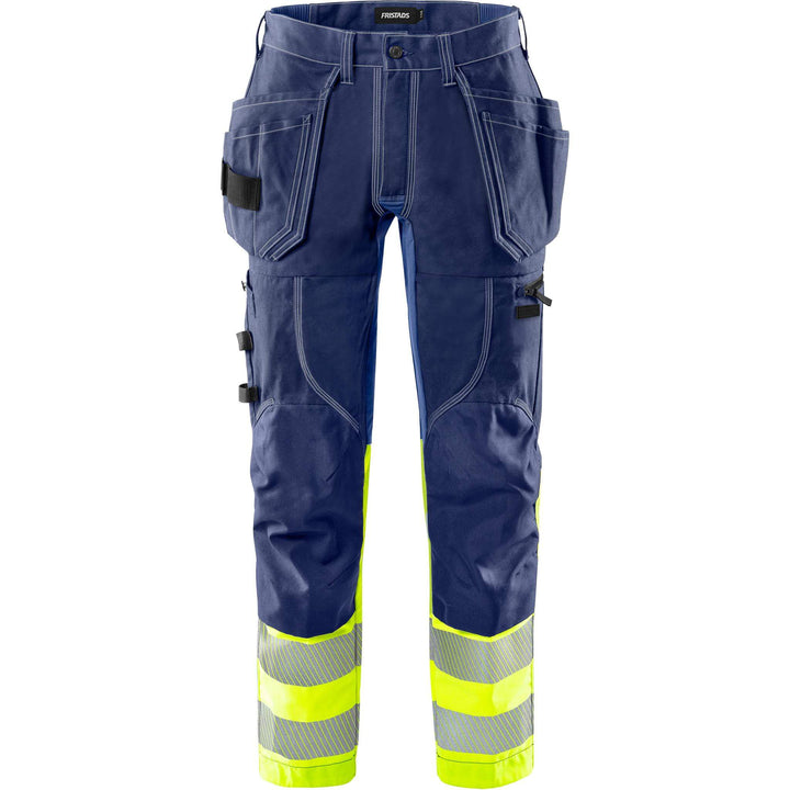Fristads Hi-Vis Craftsman 4-Way-Stretch Panel Holster Pocket Trousers Class 1 - 2608 FASG Hi-Vis Yellow/Navy Front1#colour_hi-vis-yellow-navy