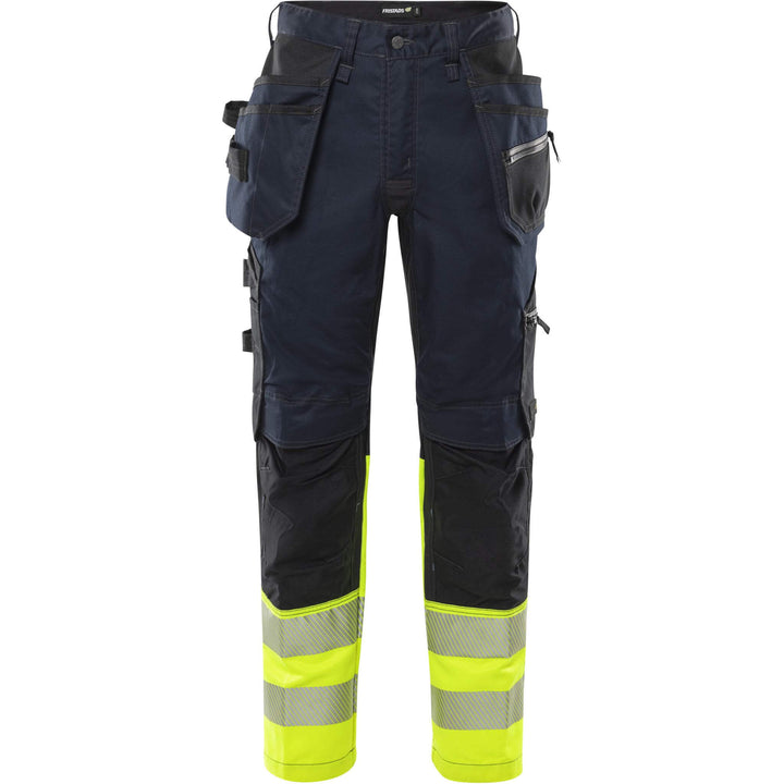 Fristads Hi-Vis Craftsman 4-Way-Stretch Panel Holster Pocket Trousers Class 1 - 2906 GWM Hi-Vis Yellow/Dark Navy Front1#colour_hi-vis-yellow-dark-navy