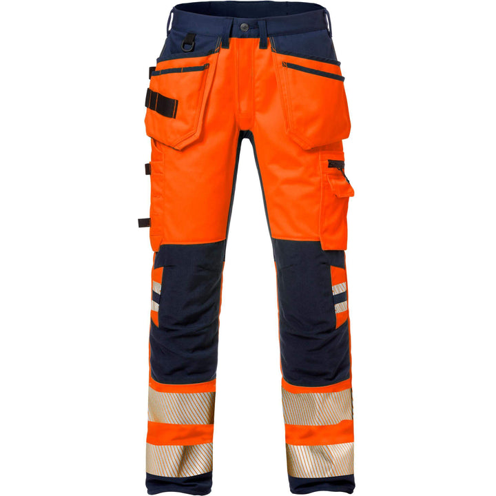 Fristads Hi-Vis Craftsman Cordura Holster Pocket Stretch Trousers Class 2 - 2707 PLU Hi-Vis Orange/Navy Front1#colour_hi-vis-orange-navy