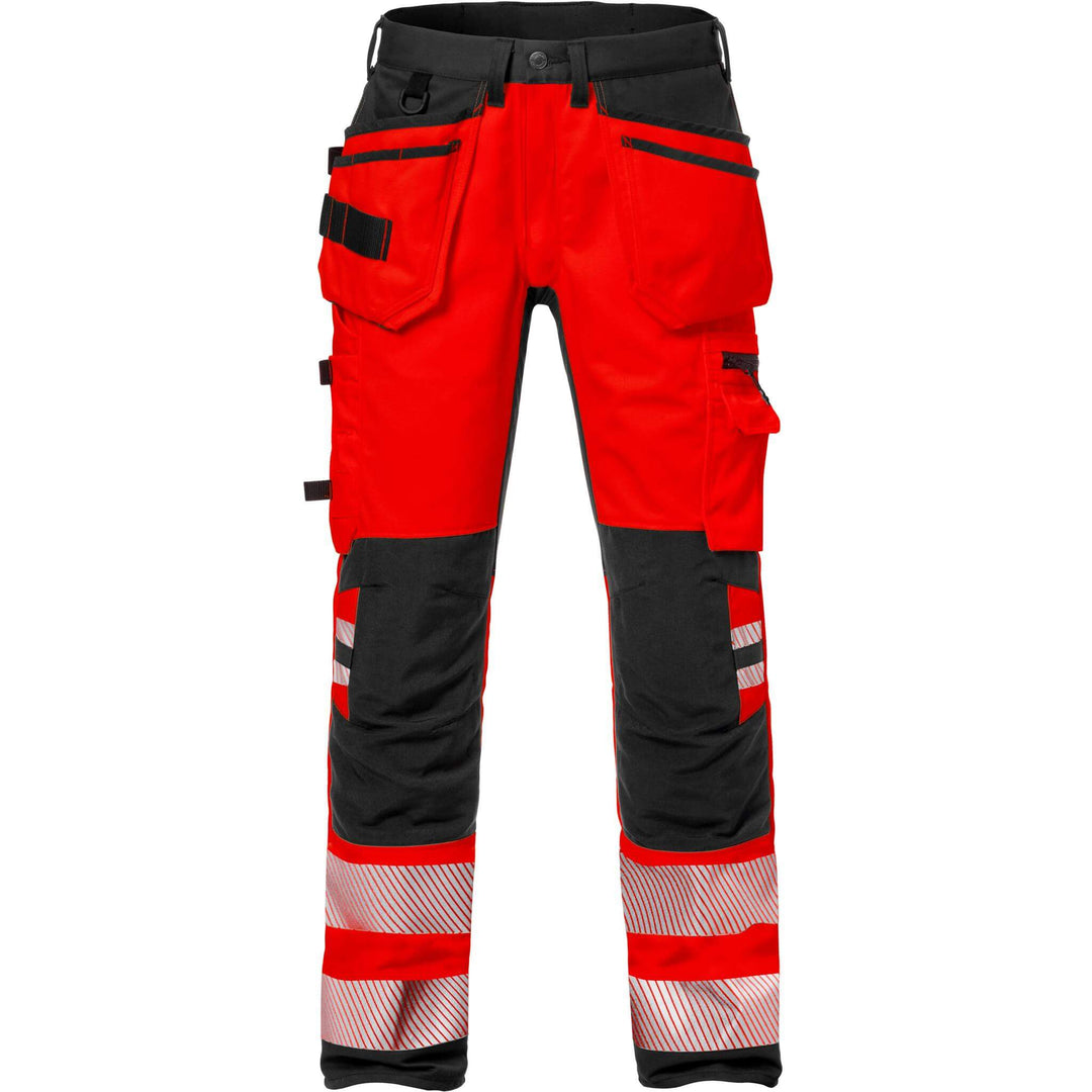 Fristads Hi-Vis Craftsman Cordura Holster Pocket Stretch Trousers Class 2 - 2707 PLU Hi-Vis Red/Black Front1#colour_hi-vis-red-black