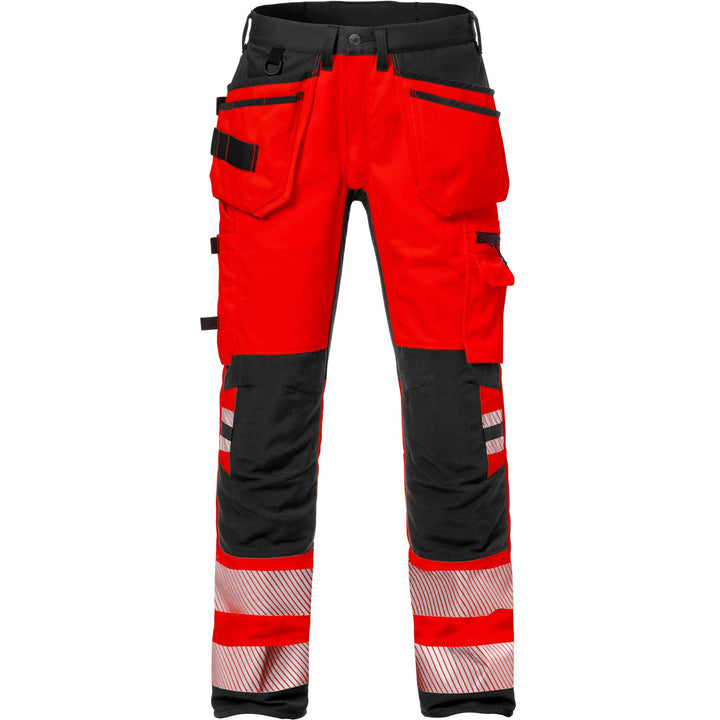Fristads Hi-Vis Craftsman Cordura Holster Pocket Stretch Trousers Class 2 - 2707 PLU Hi-Vis Red/Black Front1#colour_hi-vis-red-black