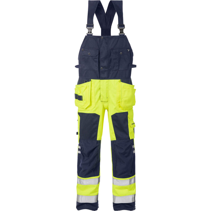 Fristads Hi-Vis Craftsman Holster Pocket Bib and Brace Class 2 - 1014 PLU Hi-Vis Yellow/Navy Front1#colour_hi-vis-yellow-navy