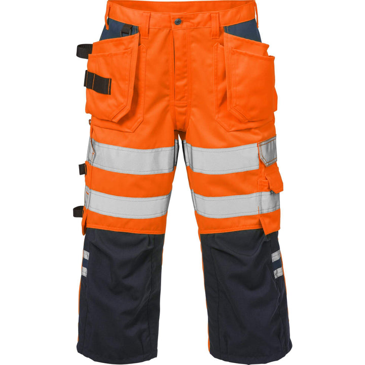 Fristads Hi-Vis Craftsman Holster Pocket Pirate Trousers Class 2 - 2027 PLU Hi-Vis Orange/Navy Front1#colour_hi-vis-orange-navy