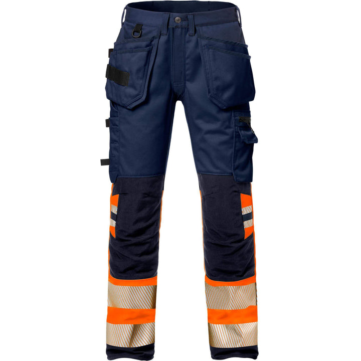 Fristads Hi-Vis Craftsman Holster Pocket Stretch Trousers Class 1 - 2706 PLU Hi-Vis Orange/Navy Front1#colour_hi-vis-orange-navy