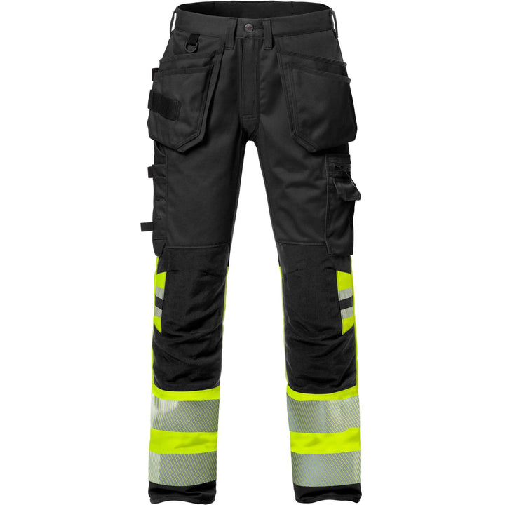 Fristads Hi-Vis Craftsman Holster Pocket Stretch Trousers Class 1 - 2706 PLU Hi-Vis Yellow/Black Front1#colour_hi-vis-yellow-black