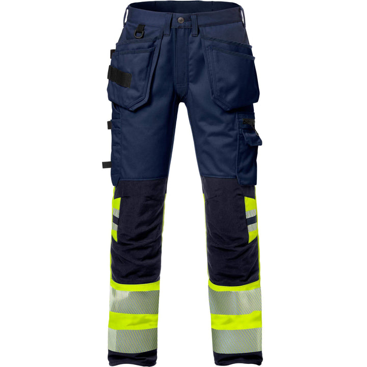 Fristads Hi-Vis Craftsman Holster Pocket Stretch Trousers Class 1 - 2706 PLU Hi-Vis Yellow/Navy Front1#colour_hi-vis-yellow-navy