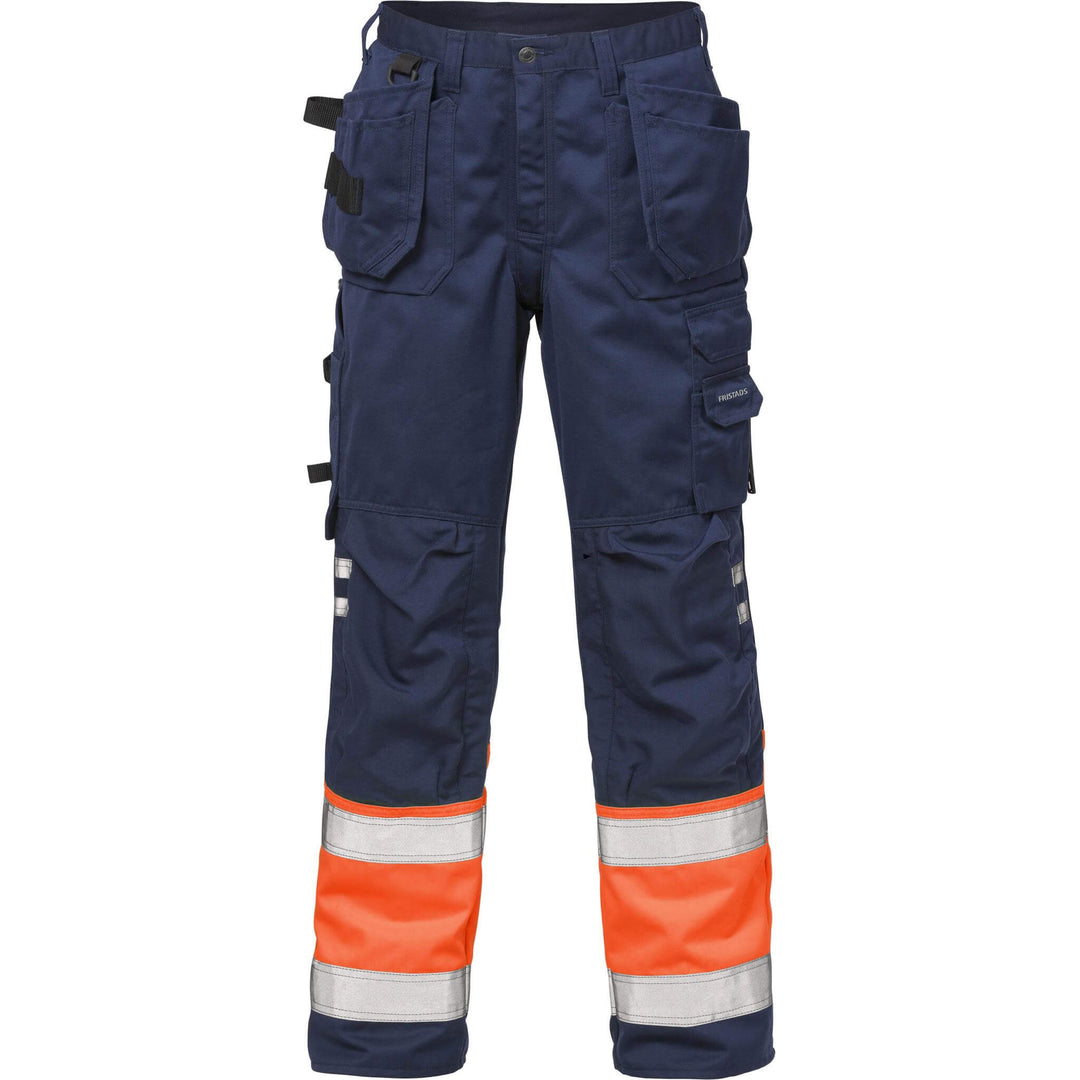 Fristads Hi-Vis Craftsman Holster Pocket Trousers Class 1 - 2029 PLU Hi-Vis Orange/Navy Front1#colour_hi-vis-orange-navy