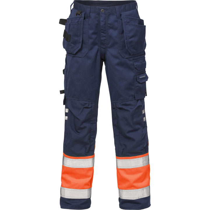 Fristads Hi-Vis Craftsman Holster Pocket Trousers Class 1 - 2029 PLU Hi-Vis Orange/Navy Front1#colour_hi-vis-orange-navy