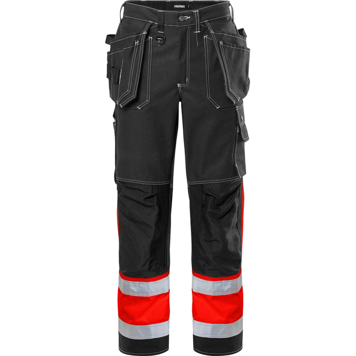 Fristads Hi-Vis Craftsman Holster Pocket Trousers Class 1 - 247 FAS Hi-Vis Red/Black Front1#colour_hi-vis-red-black