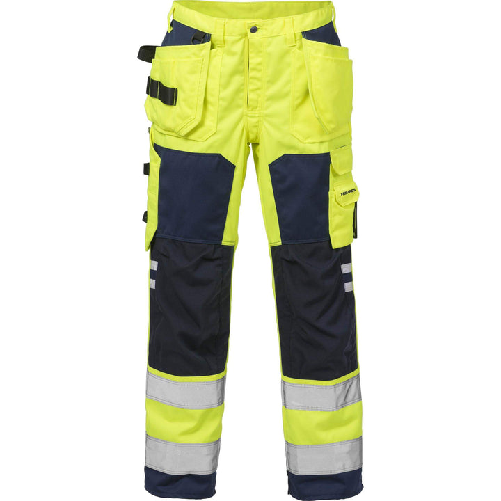 Fristads Hi-Vis Craftsman Holster Pocket Trousers Class 2 - 2025 PLU Hi-Vis Yellow/Navy Front1#colour_hi-vis-yellow-navy