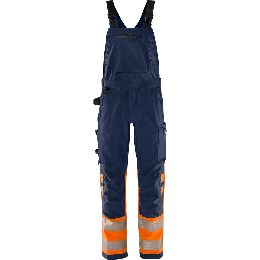 Fristads Hi-Vis Green 4-Way-Stretch Bib and Brace Class 1 - 1032 GSTP Hi-Vis Orange/Navy Front1#colour_hi-vis-orange-navy